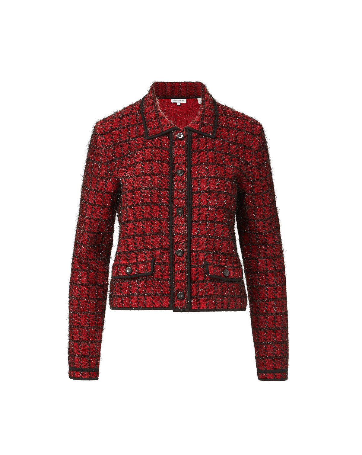 Veronica Beard Red tweed jacket with black trim and buttons.