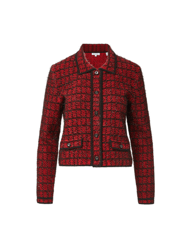 Veronica Beard Red tweed jacket with black trim and buttons.