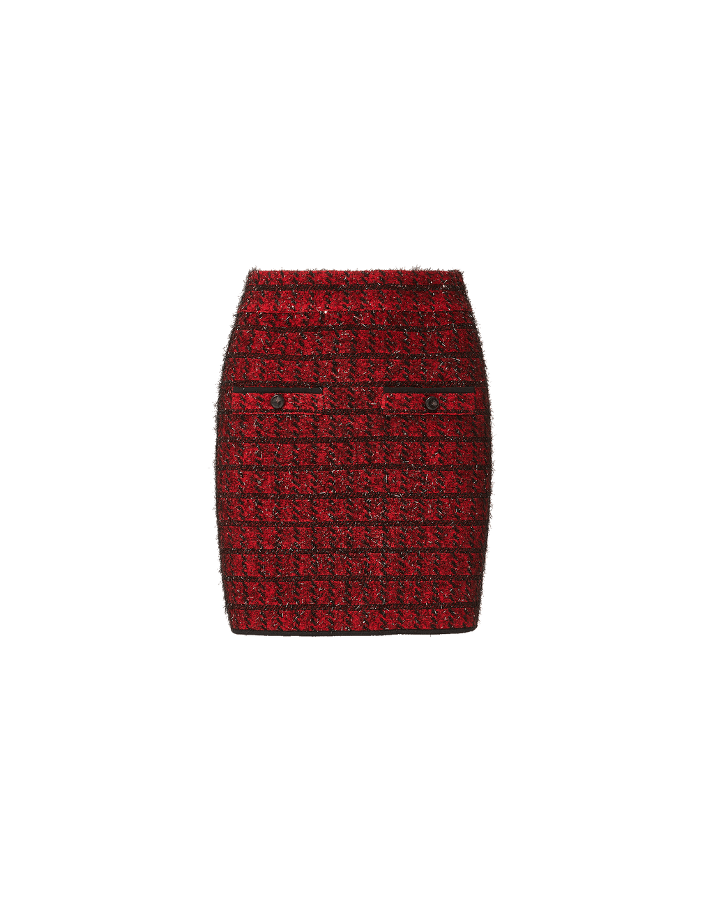 Veronica Beard Red tweed mini skirt with button pockets.