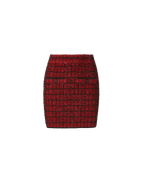 Veronica Beard Red tweed mini skirt with button pockets.