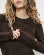Veronica Beard Fluffy brown crewneck knit sweater with long sleeves.