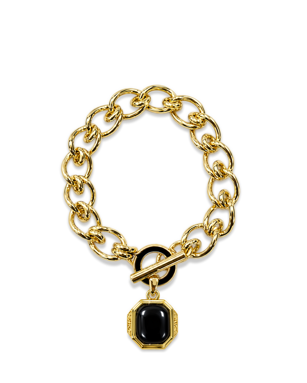Veronica Beard Gold chain bracelet with black gemstone pendant.