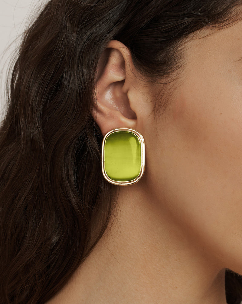 Veronica Beard Gold-framed rectangular earrings with a translucent lime green stone.