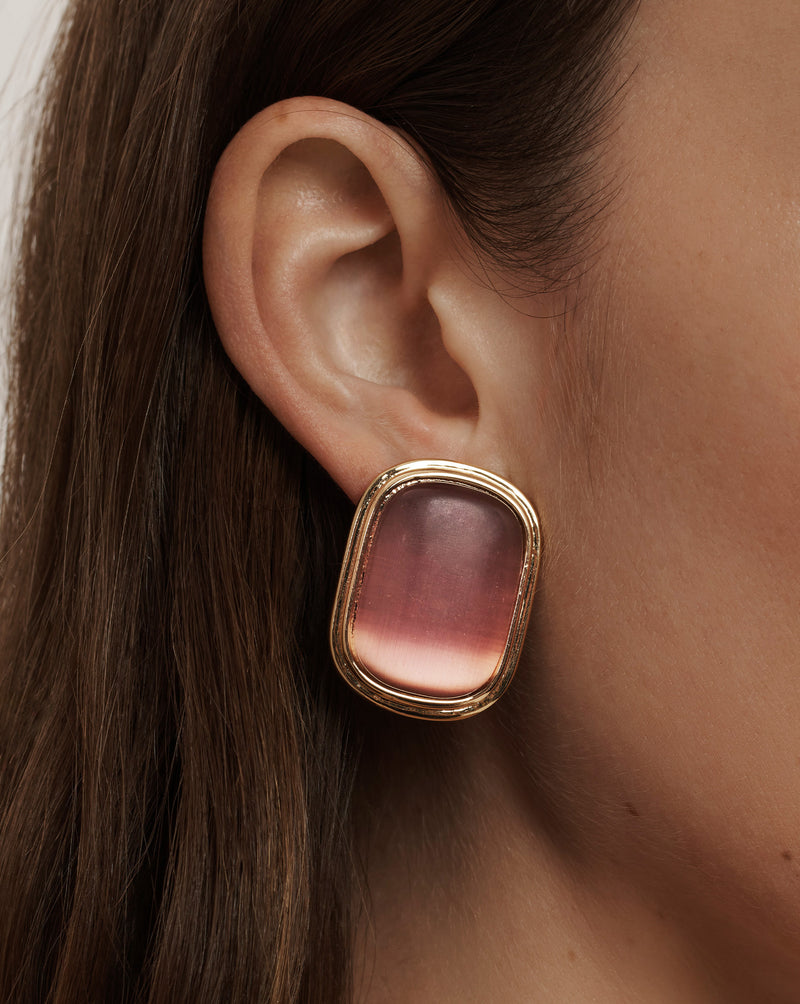 Veronica Beard Gold-framed rectangular earrings with a pink and purple ombre stone.
