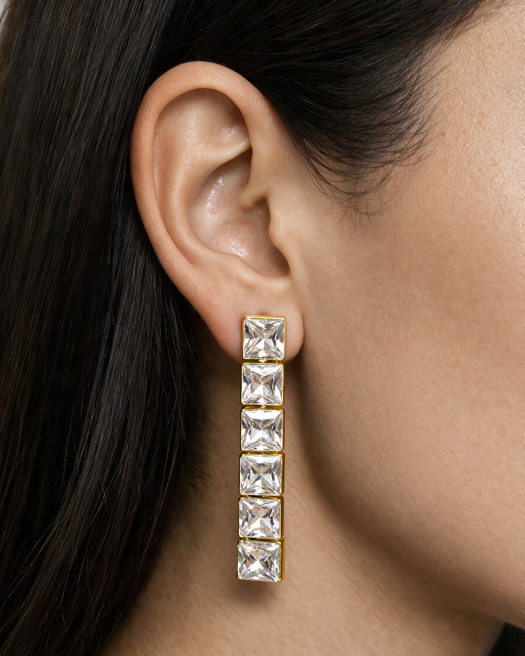 Veronica Beard Gold and square crystal drop earrings.