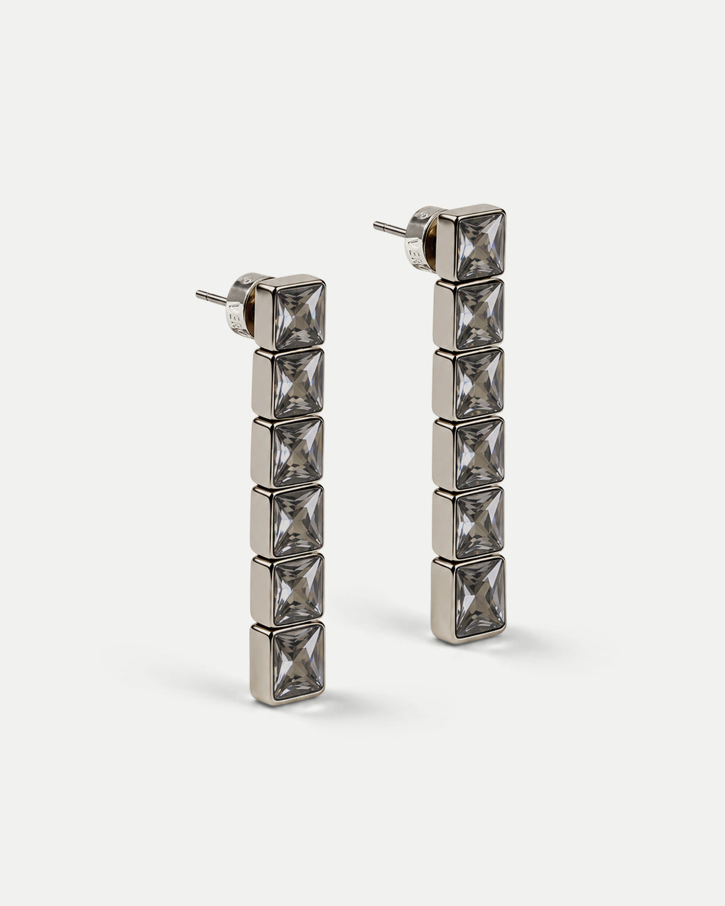 Veronica Beard Silver drop earrings with faceted square crystals.