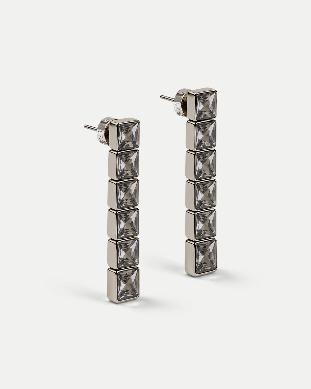 Veronica Beard Silver drop earrings with faceted square crystals.