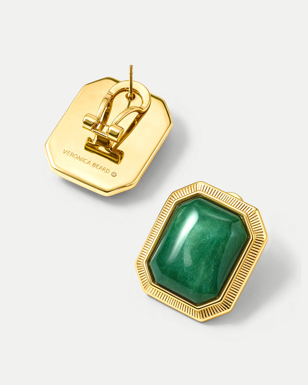Veronica Beard Gold and green rectangular gemstone earrings.