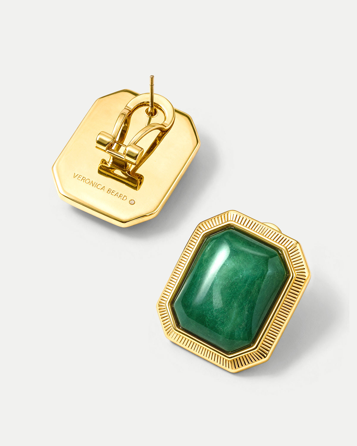Veronica Beard Gold and green rectangular gemstone earrings.