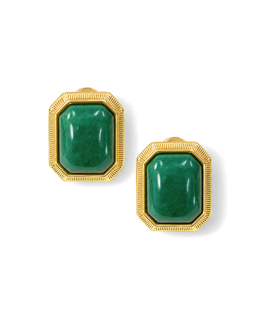 Veronica Beard Gold earrings with green stone rectangular design.