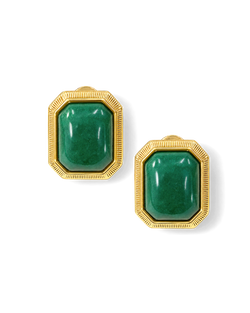 Veronica Beard Gold earrings with green stone rectangular design.