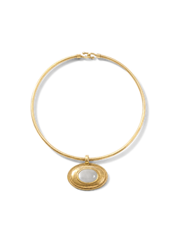 Veronica Beard Gold choker necklace with oval mother-of-pearl pendant.