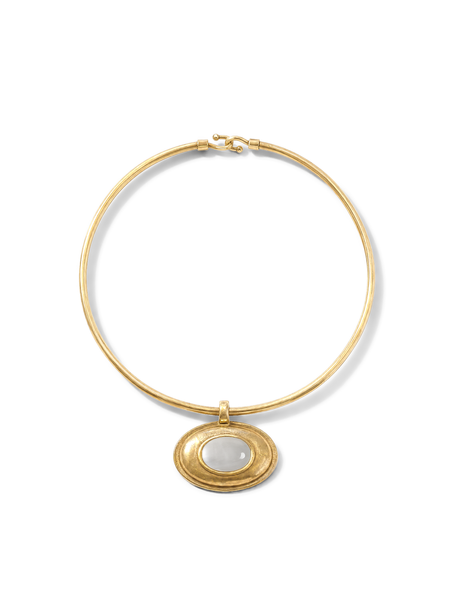 Veronica Beard Gold choker necklace with oval mother-of-pearl pendant.