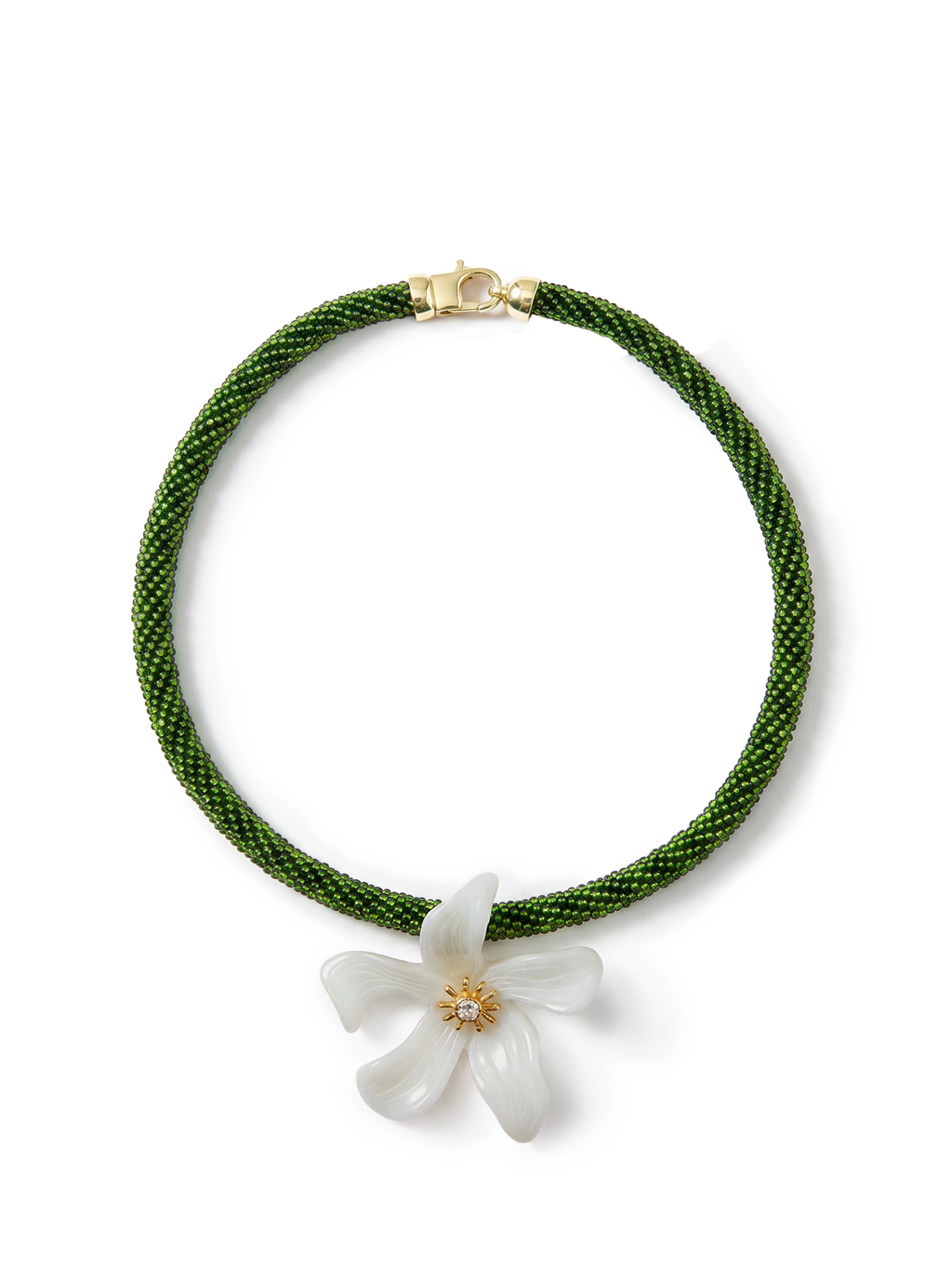 Veronica Beard Green beaded necklace with a white flower pendant