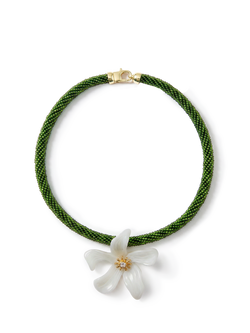 Veronica Beard Green beaded necklace with a white flower pendant