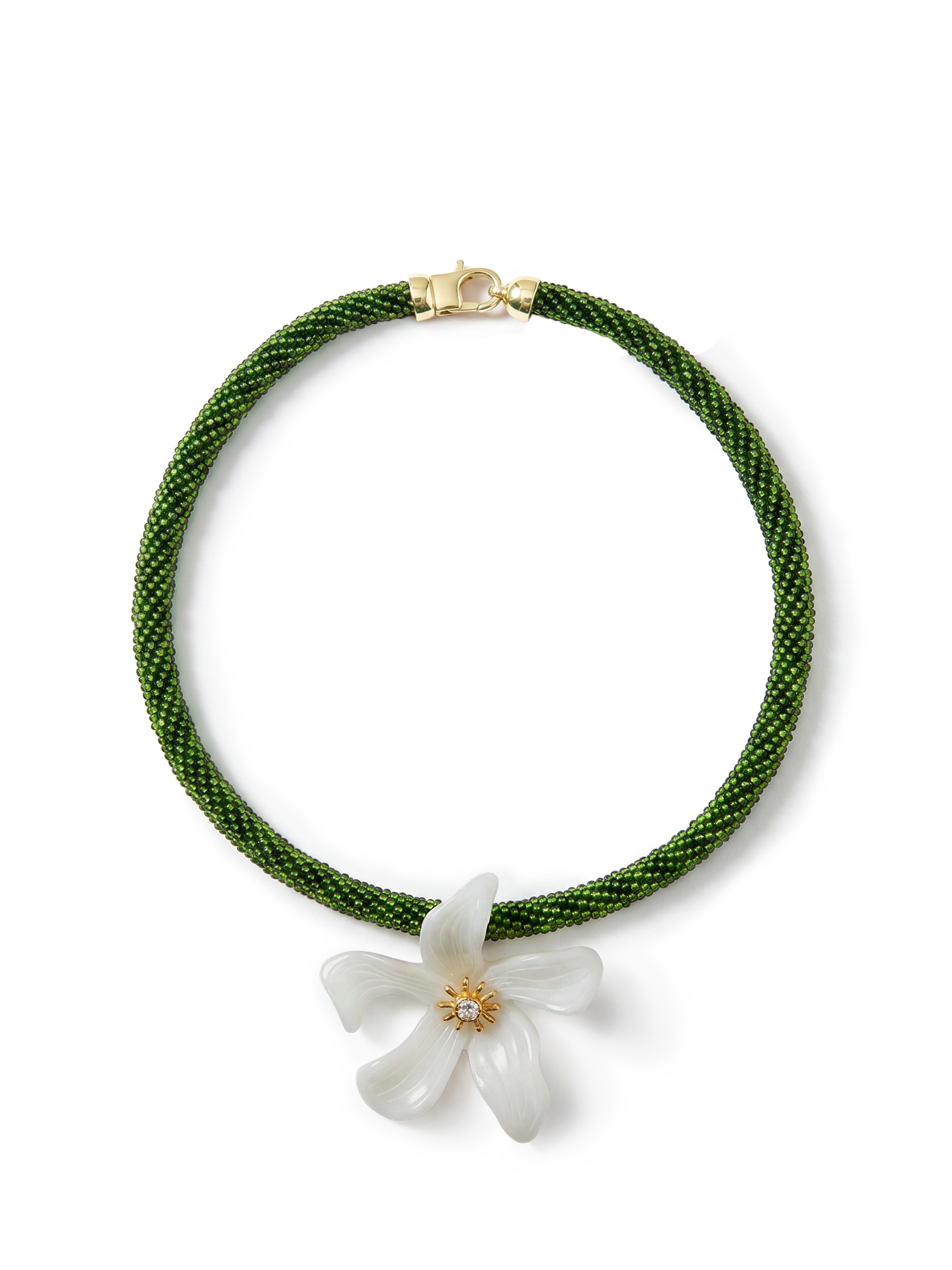 Veronica Beard Green beaded necklace with a white flower pendant
