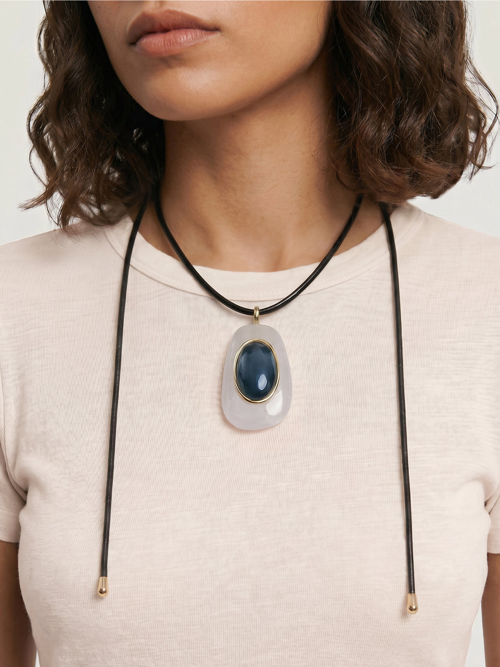 Veronica Beard Black Leather Pendant Necklace - Black/White