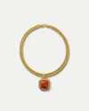 Veronica Beard Gold chain necklace with red stone pendant.