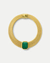 Veronica Beard Gold mesh necklace with green gemstone pendant.