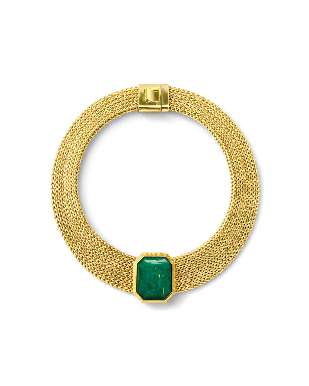 Veronica Beard Gold mesh choker with emerald gemstone pendant.