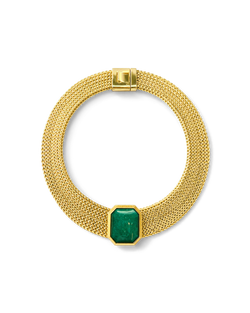 Veronica Beard Gold mesh choker with emerald gemstone pendant.