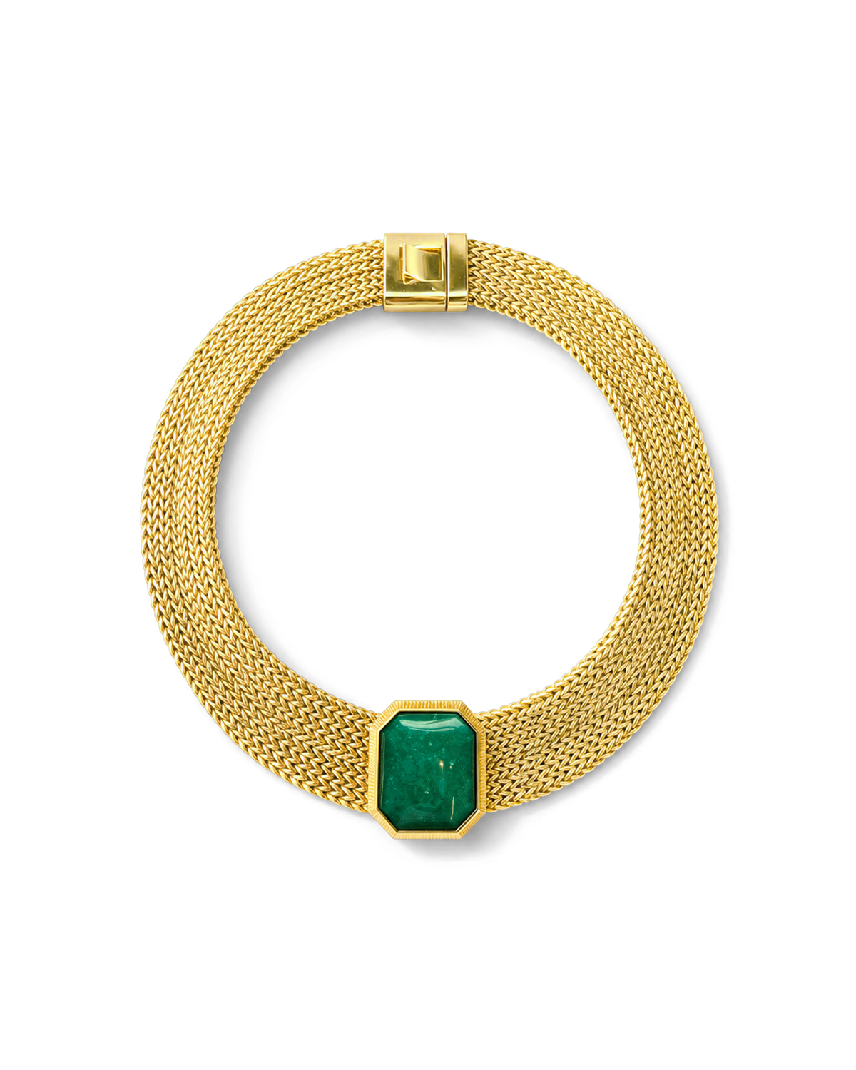 Veronica Beard Gold mesh choker with emerald gemstone pendant.