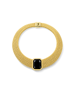 Veronica Beard Gold mesh necklace with black gemstone pendant.