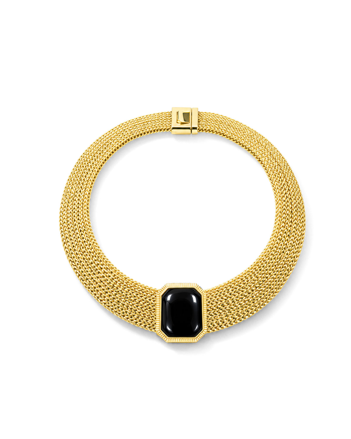 Veronica Beard Gold mesh necklace with black gemstone pendant.