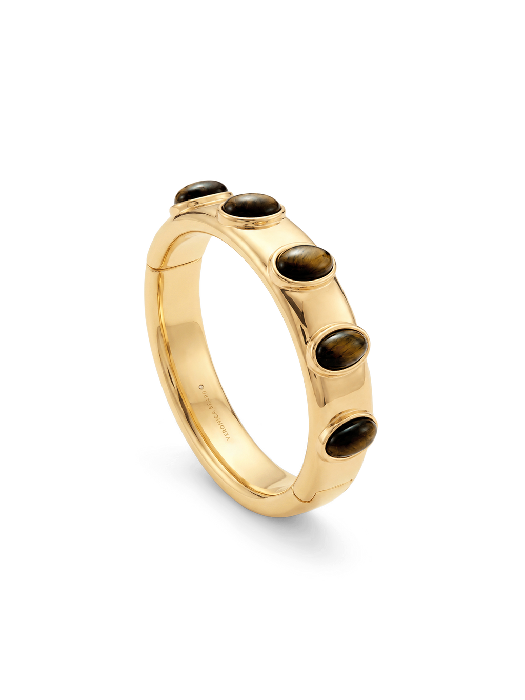 Veronica Beard Gold hinged bangle with dark oval stones.
