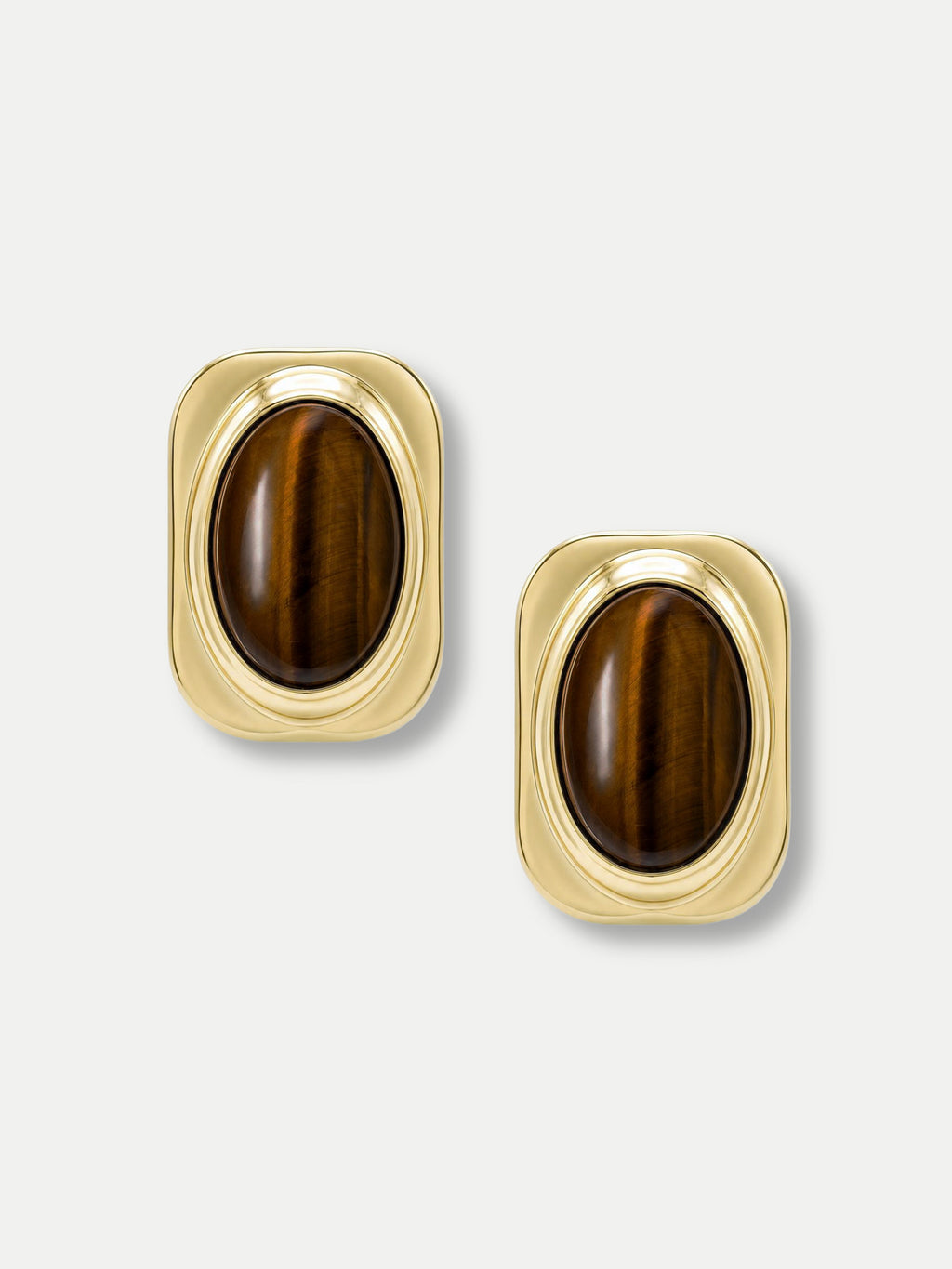 Veronica Beard Gold square earrings with oval brown tiger eye stones.