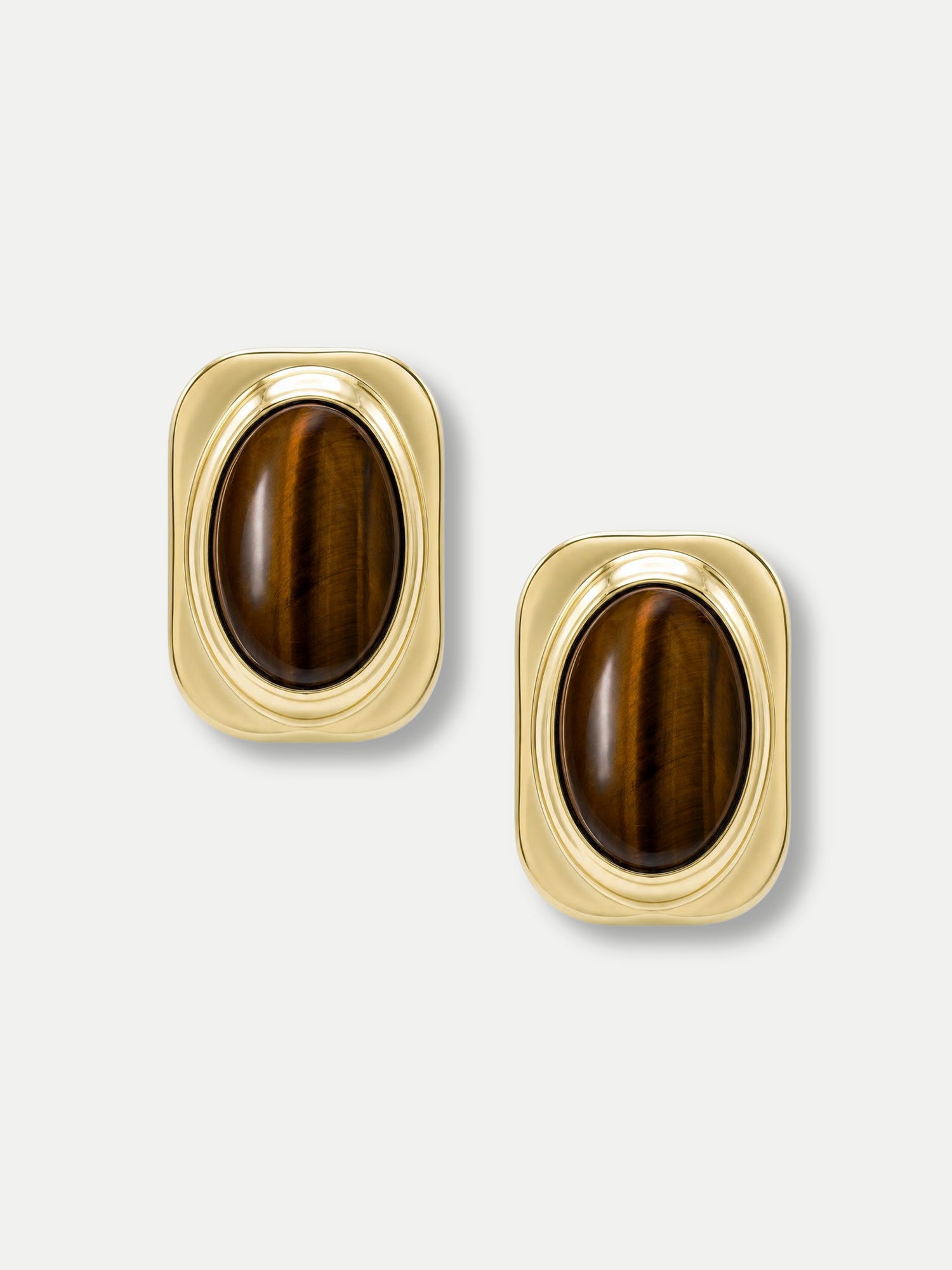 Veronica Beard Gold square earrings with oval brown tiger eye stones.