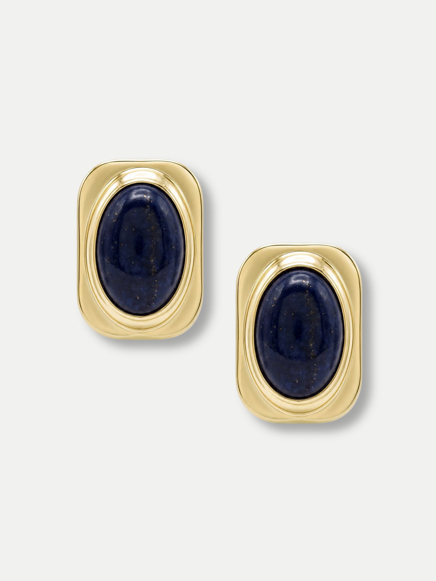 Veronica Beard Gold rectangular earrings with oval blue gemstones.