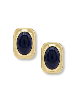 Veronica Beard Gold earrings with oval blue lapis lazuli stones.
