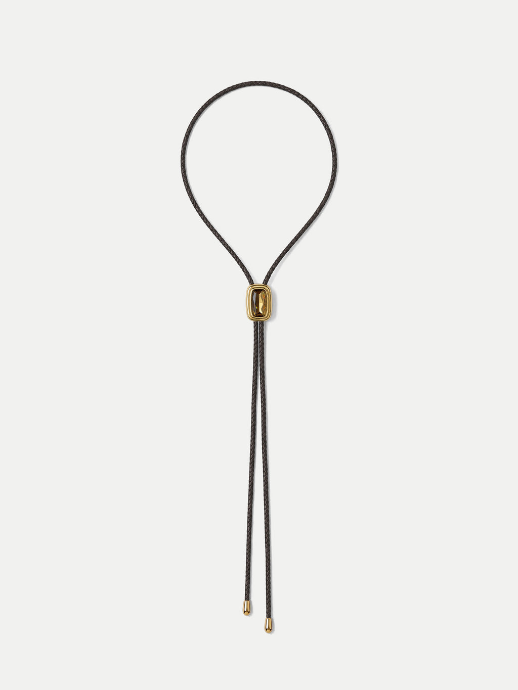 Veronica Beard Black braided leather bolo tie with gold hardware.