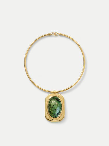 Veronica Beard Gold choker necklace with green stone pendant.