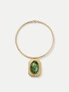 Veronica Beard Gold choker necklace with green stone pendant.