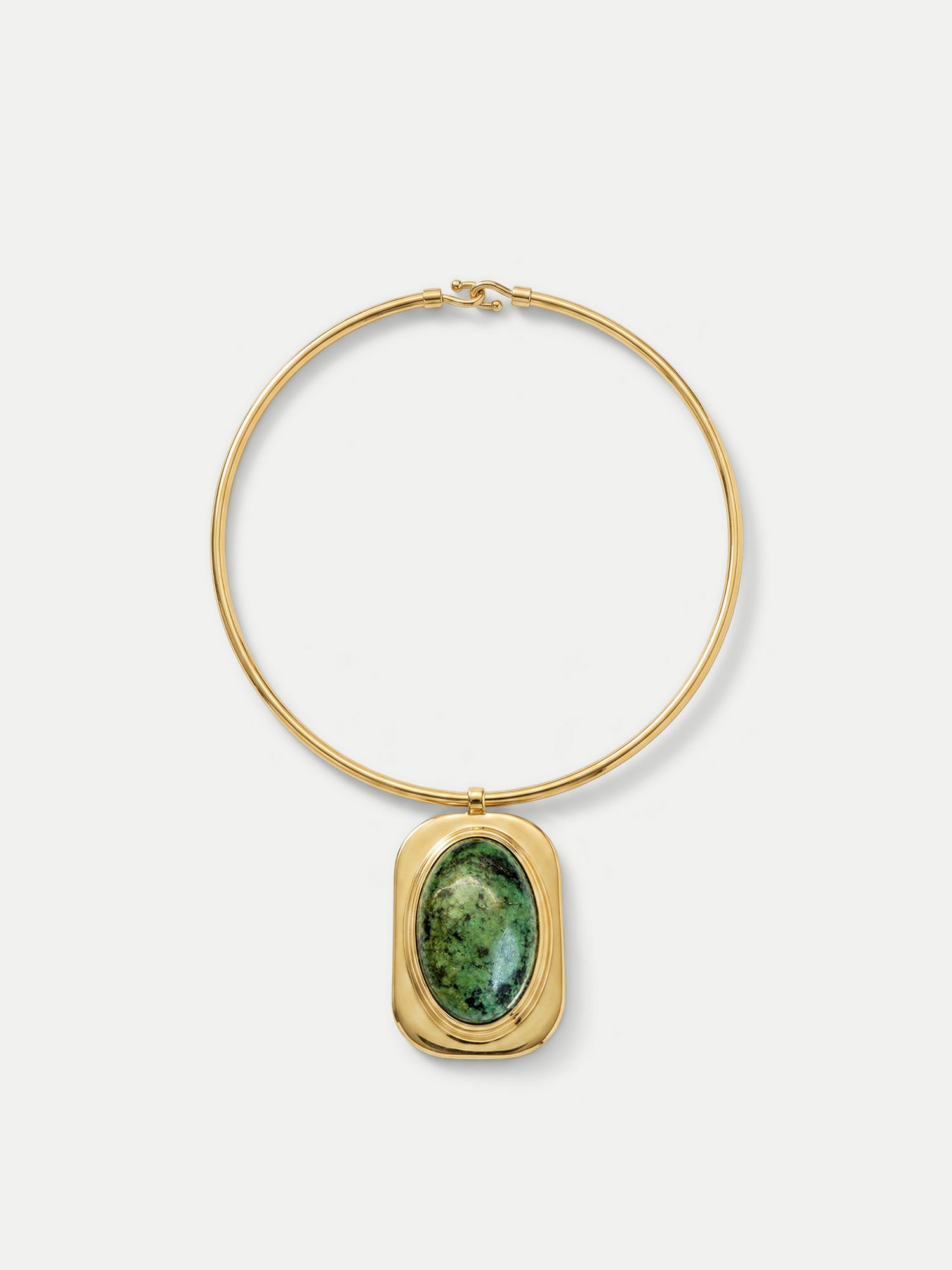 Veronica Beard Gold choker necklace with green stone pendant.