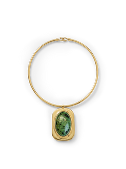 Veronica Beard Gold choker with a green gemstone pendant.