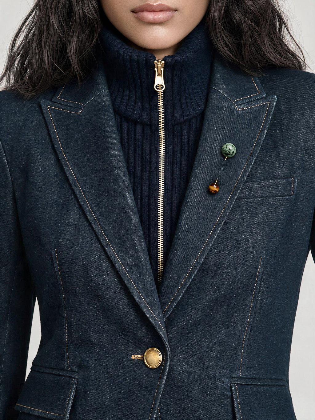 Veronica Beard Dark blue denim blazer and ribbed zip sweater.