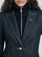 Veronica Beard Dark blue denim blazer and ribbed zip sweater.