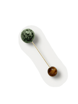 Veronica Beard Gold pin with green and brown stone spheres.