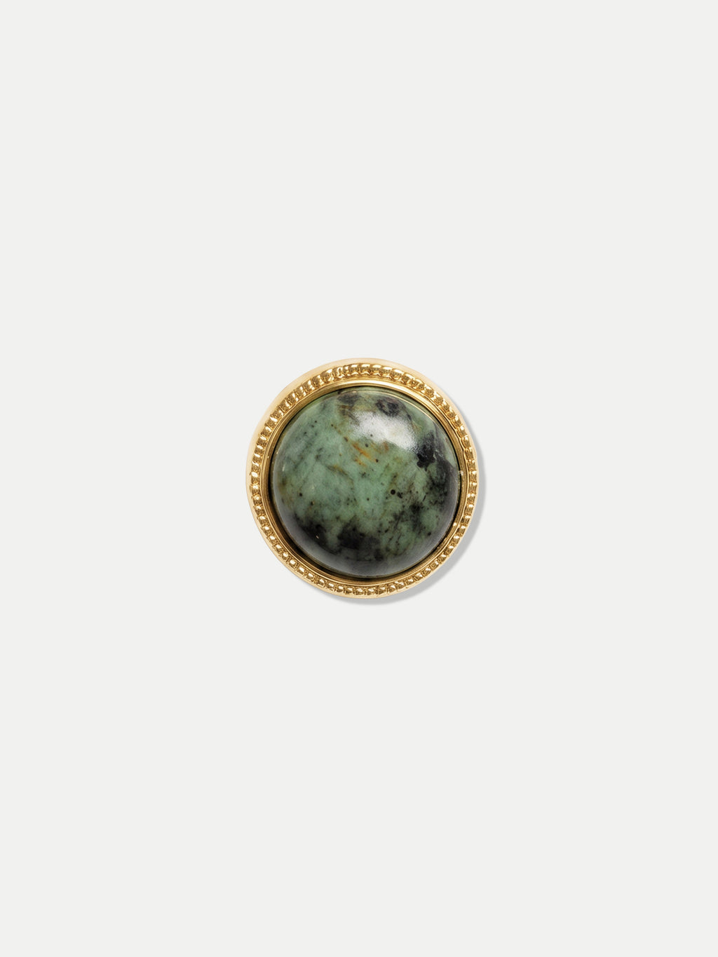 Veronica Beard Round green stone gold ring with beaded edge.