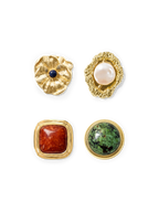 Veronica Beard Four ornate gold buttons with gemstones and pearls.
