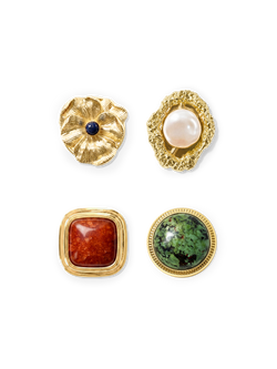 Veronica Beard Four ornate gold buttons with gemstones and pearls.