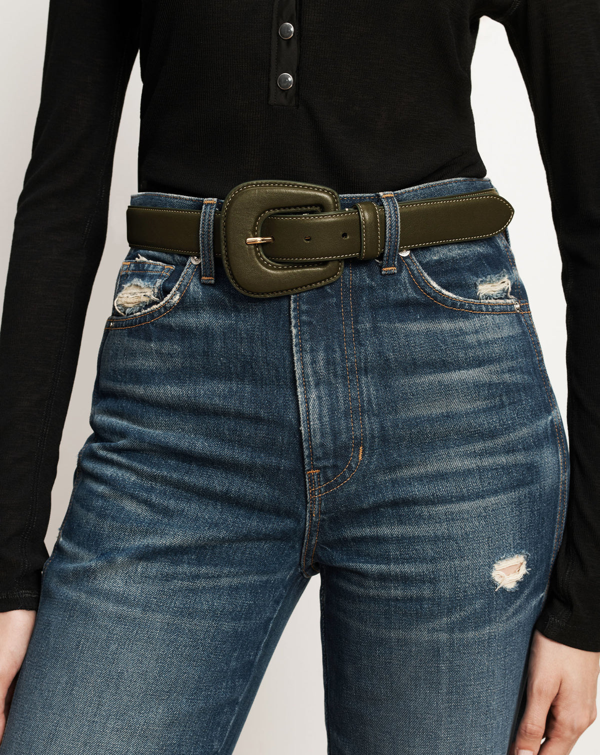 Elsy Leather-Buckle Belt in Khaki | Veronica Beard display picture 2