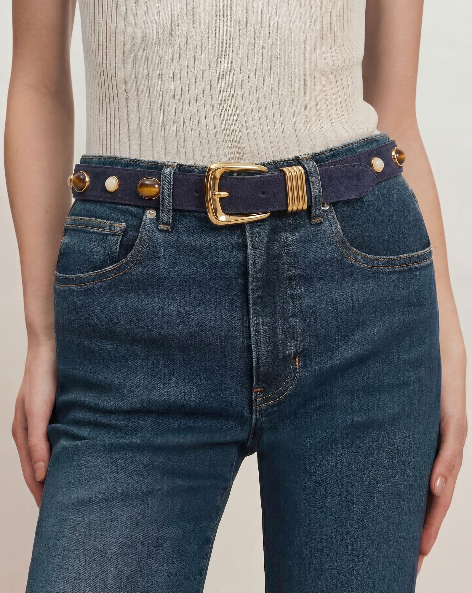 Arch Embellished Suede Belt in Navy | Veronica Beard
