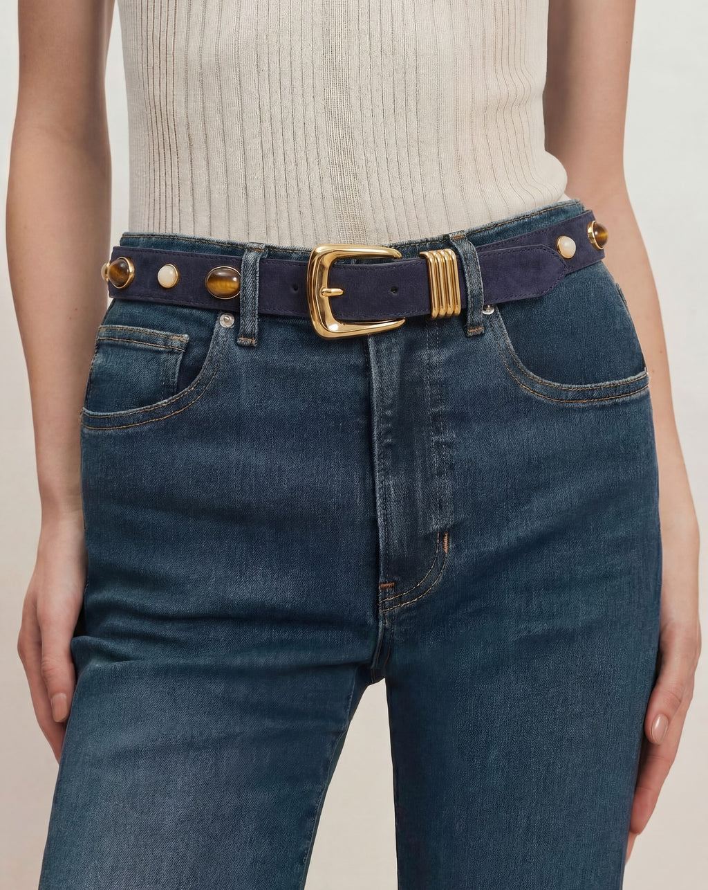 Veronica Beard Arch Embellished Suede Belt - Navy