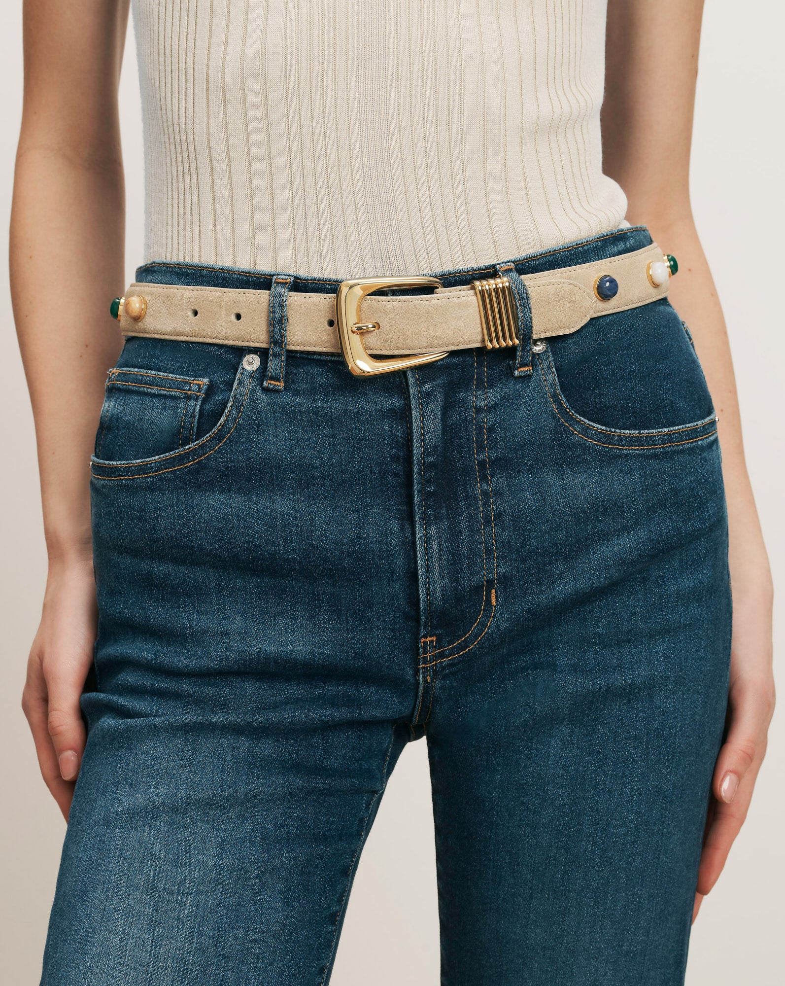 Veronica Beard Stone Embellished Arch Belt - Stone Khaki