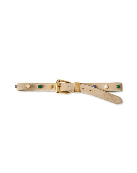 Veronica Beard Beige suede belt with a gold buckle and colorful stud details.