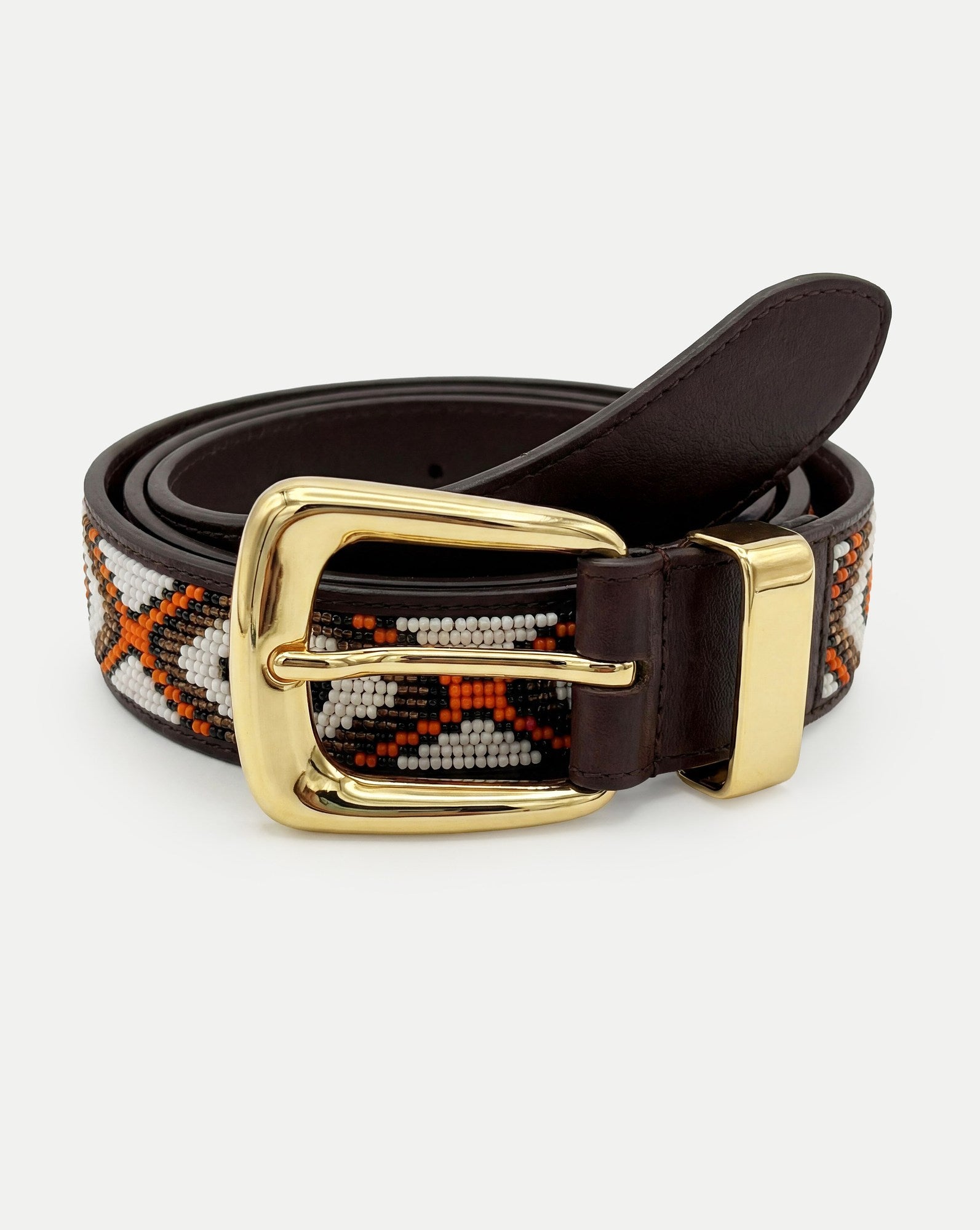 Veronica Beard Brown leather belt with white, orange, and brown